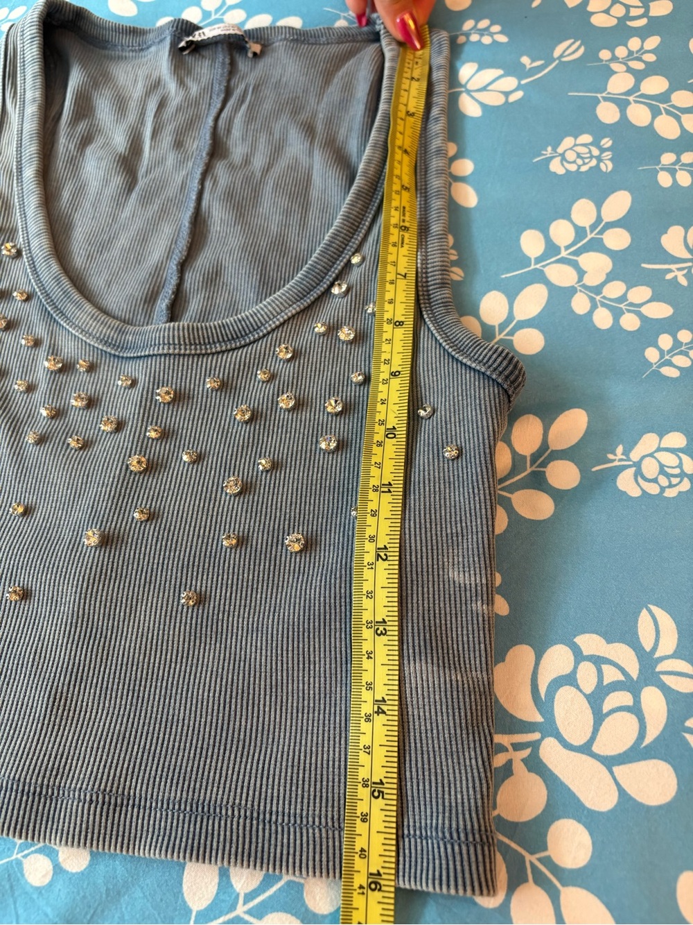 Zara Blue Ribbed Rhinestone Crop Tank - Picture 7 of 7